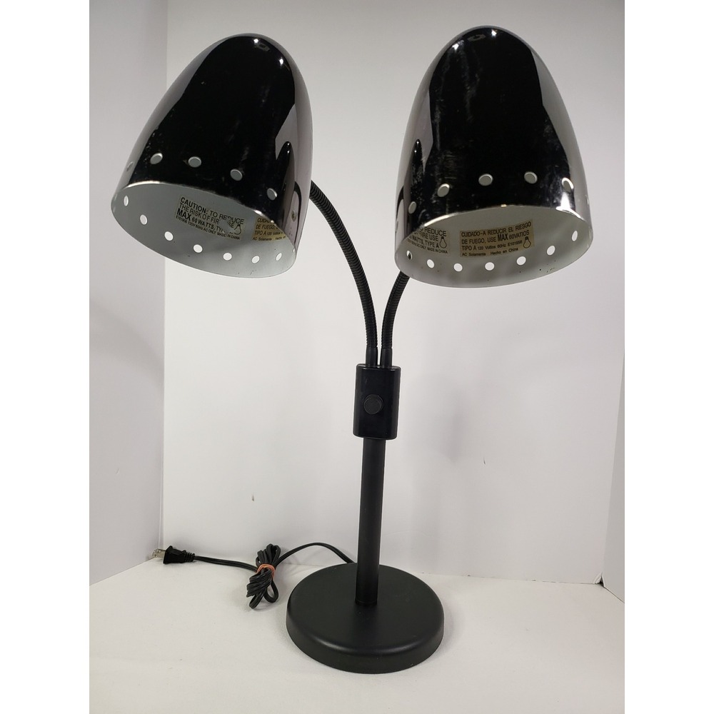 Modern Dual Gooseneck Desk Lamp Black Chrome Bullet Shade Task Light 21in
